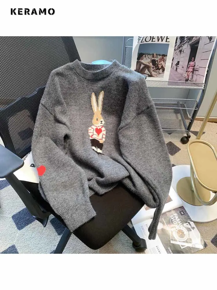 2023 Fall Winter O-Neck Cartoon Rabbit Long Sleeves Knitted Swrater Women Casual All-Match Sweet Korean Fashion Jumper Feamle