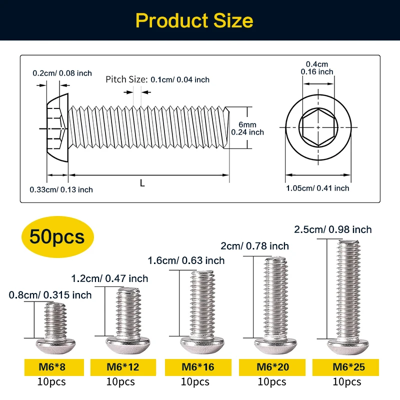 20/50 PCS M6 Button Head Socket Cap Bolts, 8/12/16/20/25mm, 304 Stainless Steel Allen Hex Drive Fully Threaded Bright Finish