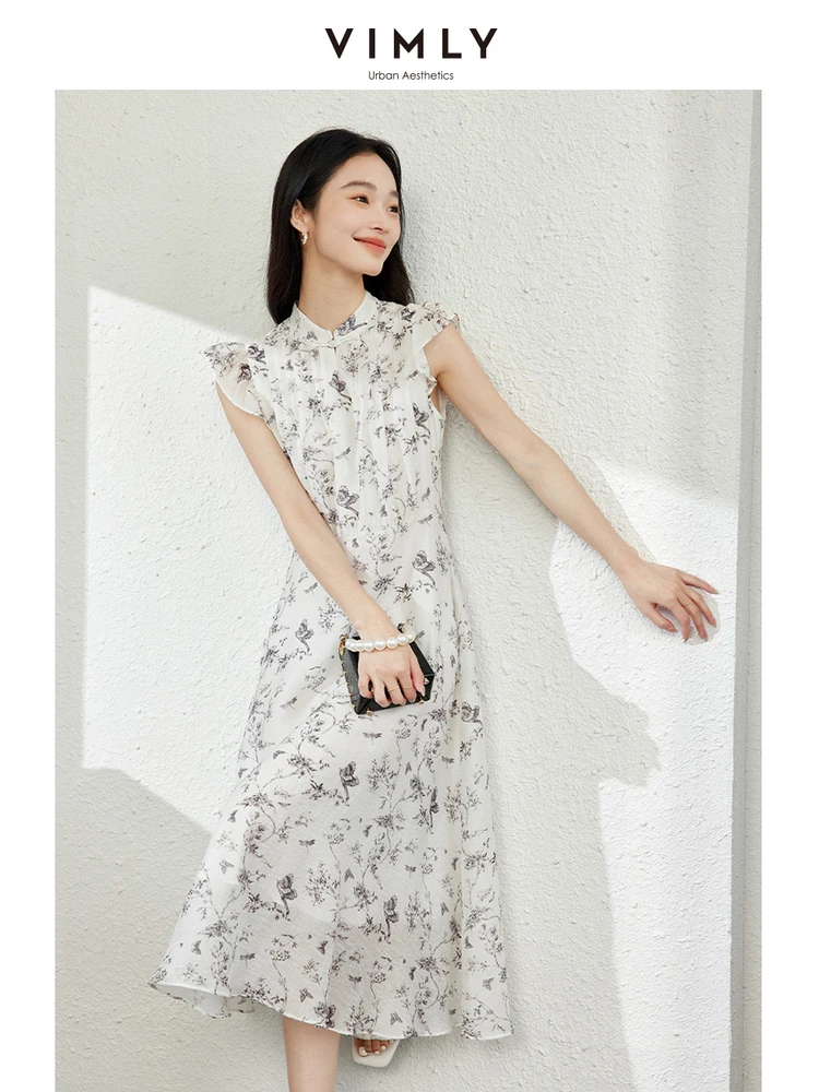 

VIMLY Women's New Chinese Style Plate Buckle Lycra Stand Collar Dress Summer New Printed Flying Sleeve Waisted Long A-LINE Dress