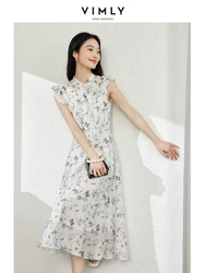 VIMLY Women's New Chinese Style Plate Buckle Lycra Stand Collar Dress Summer New Printed Flying Sleeve Waisted Long A-LINE Dress