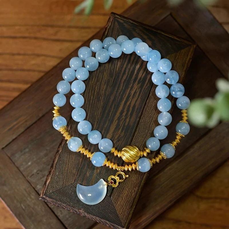 Браслет из стерлингового серебра 925 пробы с натуральным аквамарином, двухниточный кулон со звездой и луной, роскошные ювелирные изделия с синими кристаллами