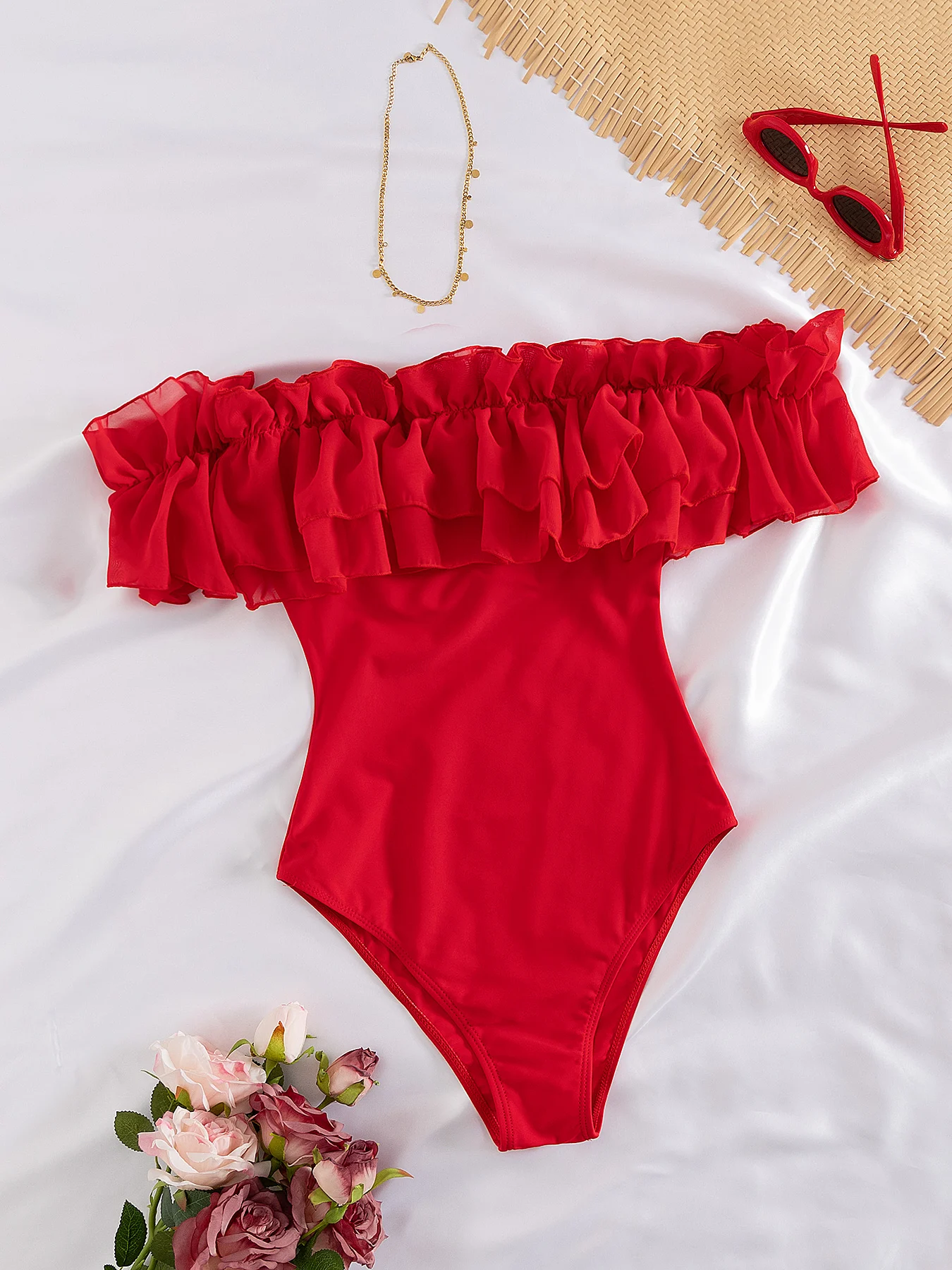 

Fashion Off Shoulder Women One Piece Swimsuit Sexy Lady Red Ruffle Bodysuit Swimwear Female Vacation Bathing Suit Beachwear 2026