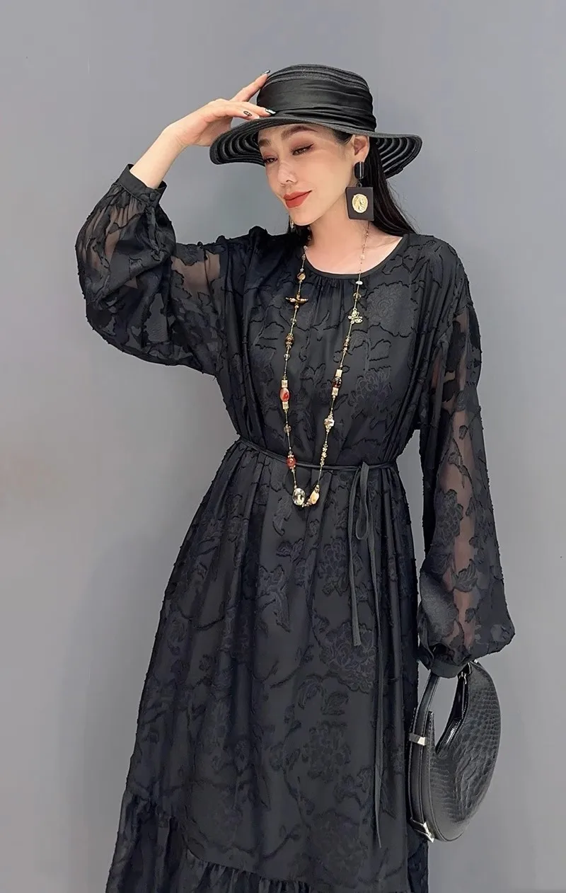 Summer 2024 O Neck Elegant Printed Loose Long Dresses For Women Fashion Black Long Sleeve Dress Female Wholesale