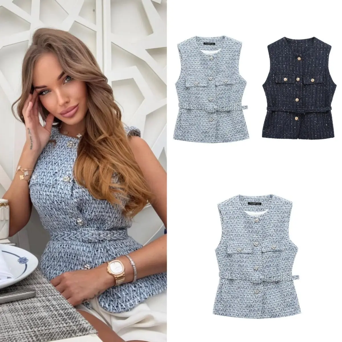 2025 Women's Clothing New Fashion Street Wear Vest Women Sequin Vest Vest Clip Sleeveless Texture Vest