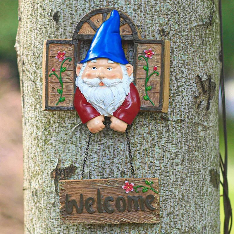 Gnomi da giardino Statue per abbracciare alberi all'aperto, cartello di benvenuto da giardino Peeker Art Decor per sculture di porte da cortile con recinzione per alberi