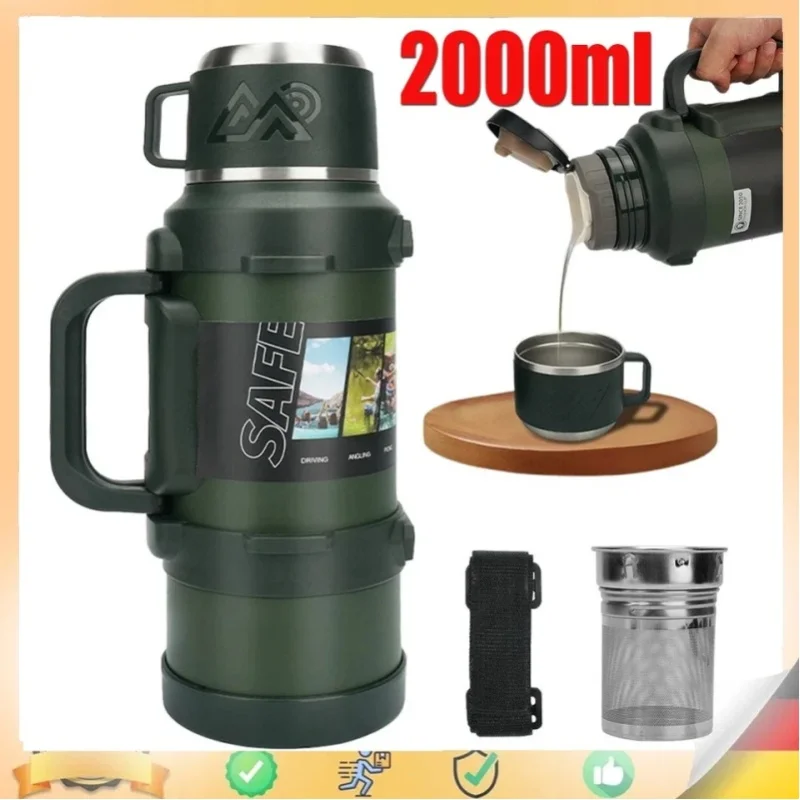 2000ml Edelstahl-Thermosflasche mit Griff, tragbare Outdoor-Thermoflasche mit großem Fassungsvermögen, hält Heißes und Kaltes 72 Stunden lang.