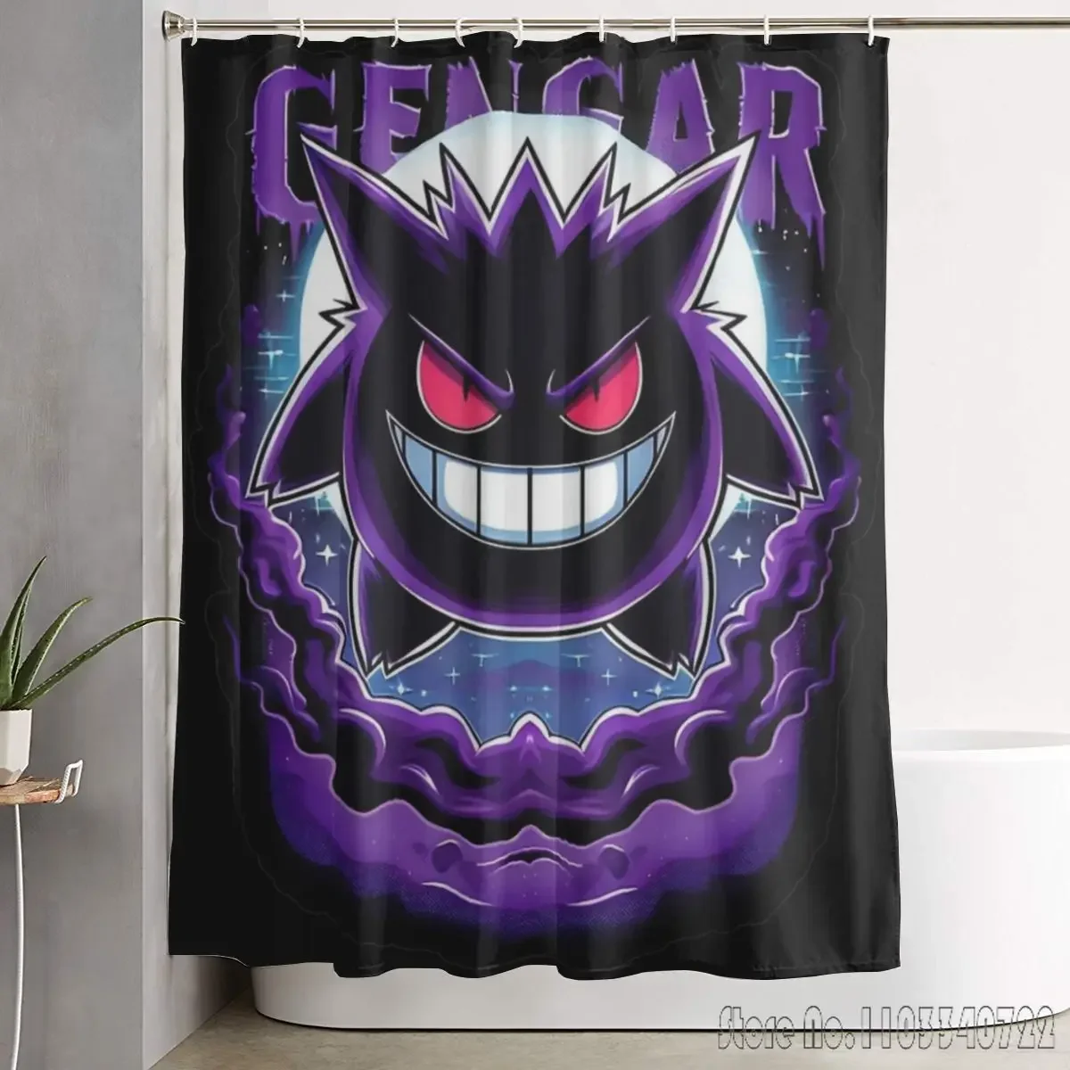 

2026 Anime Pokemon Characters Purple Demon Bath Shower Curtain 1pcs 3D with Hooks for Kids Christmas Gift Bathroom Decor