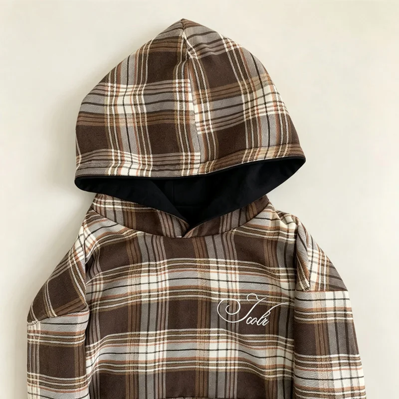 2026 Herbst Winter Damen Vintage Wendbare Karierte Kapuzenjacke Übergroßer Doppelseitiger Streetwear Langarm-Pullover Sweatshirt – Detail 11