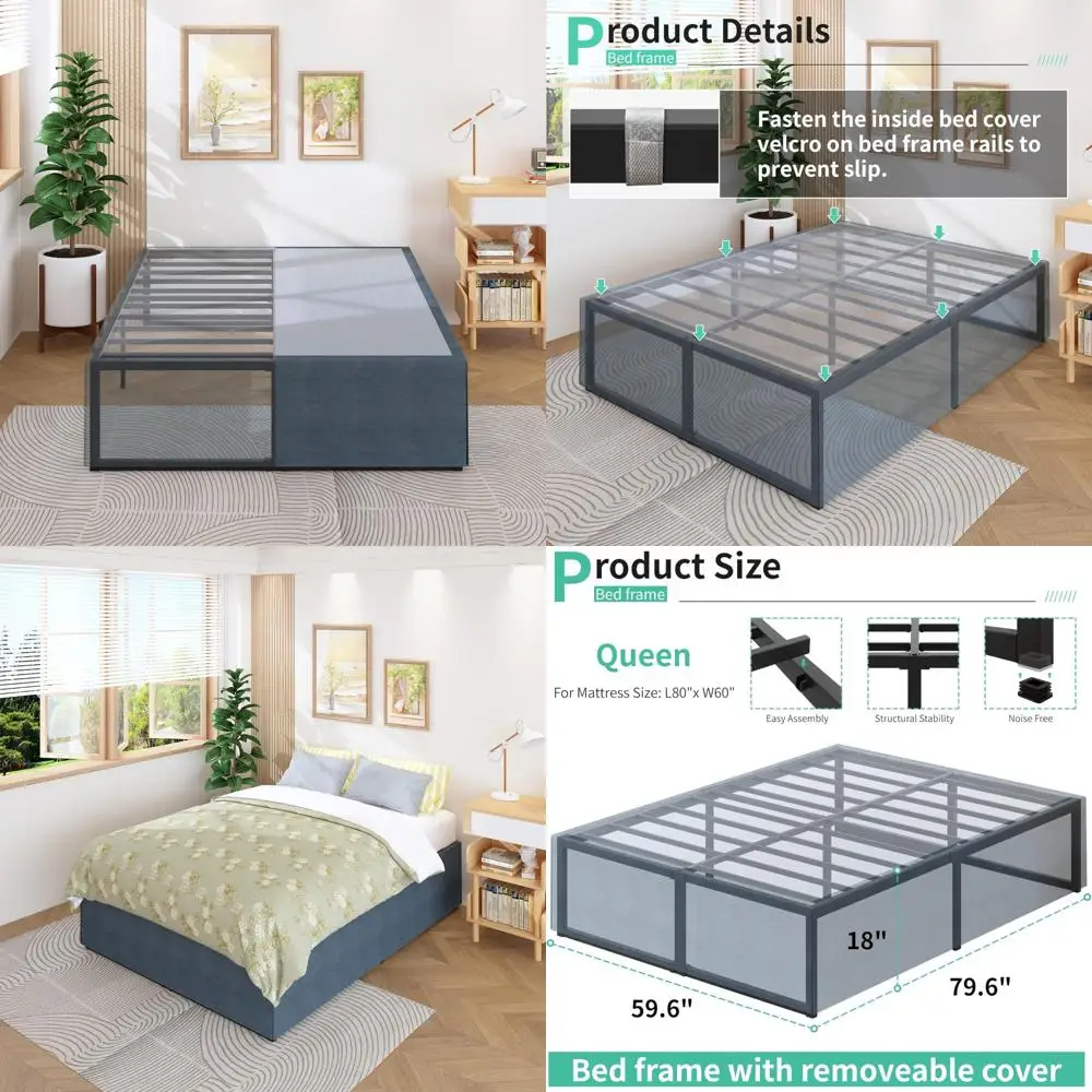 

Queen Size Heavy Duty Steel Platform Bed Frame with Cover Skirt and Metal Slat Support, No Box Spring Needed