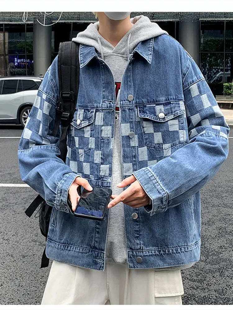 2024 الربيع والخريف موضة جديدة الاتجاه الرجعية منقوشة الدنيم سترة الرجال عادية استرخاء مريحة تنفس حجم كبير سترة #6