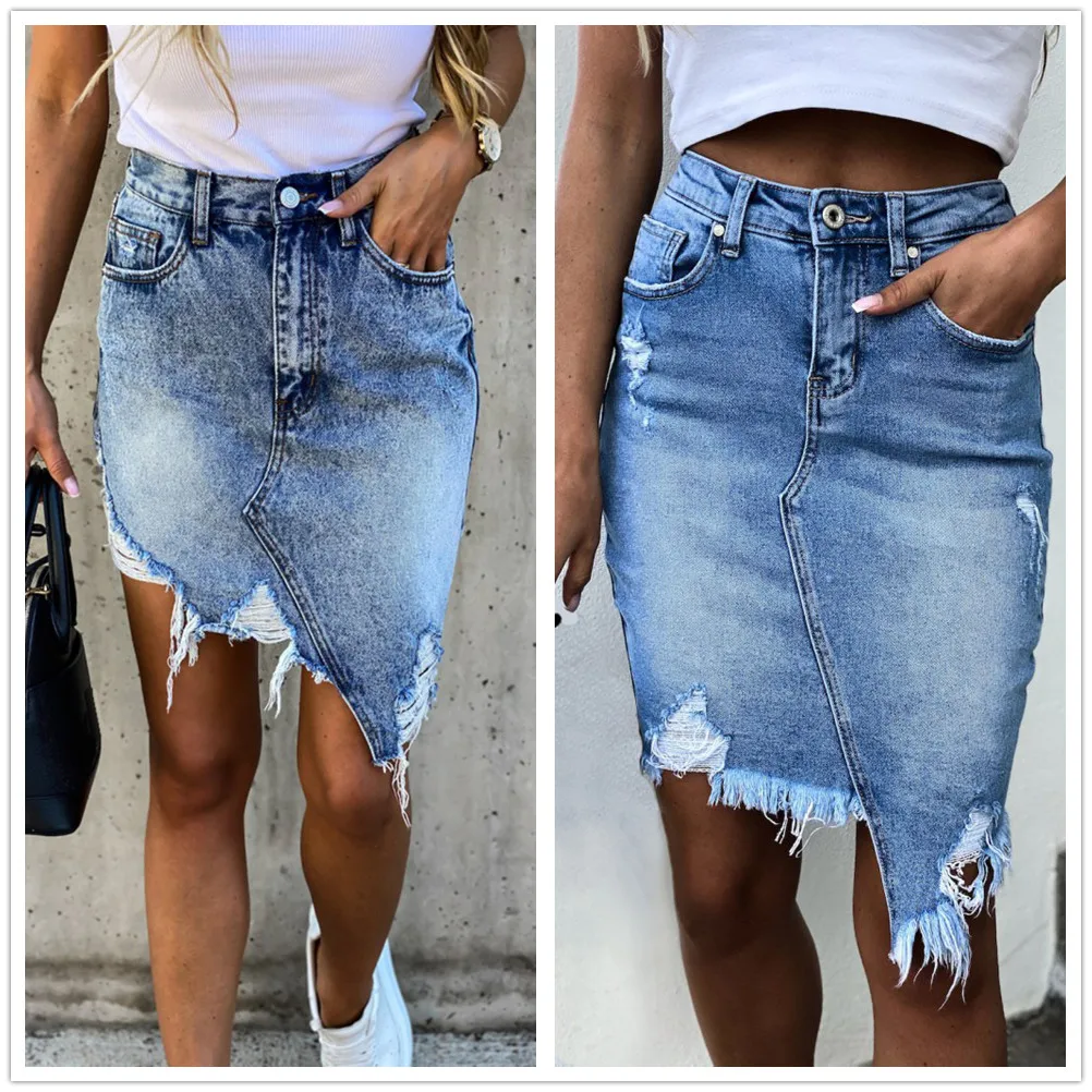 

2022 Summer New Ripped Irregular Denim Skirts For Women Fashion Street Hipster Pack Hip Mini Jeans Skirts S-2XL Drop Shipping