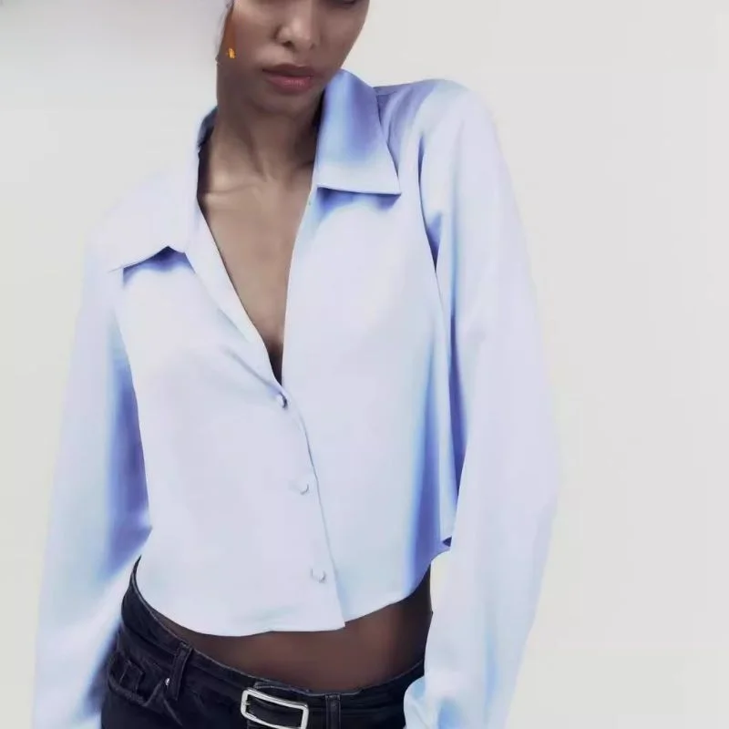 

Spring 2024 Women's Satin Feel ort irt Flip Collar Multi Color Loose Fit Long Sve Thin Material Collar Pure Color