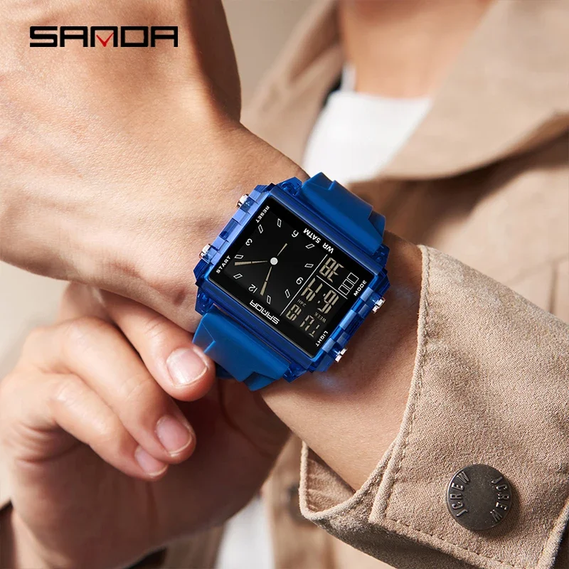 SANDA Fashion 6273 Electron Analog Watch for Men Women Square Dial Count Down Timer Waterproof Watch LED Luminous Digital