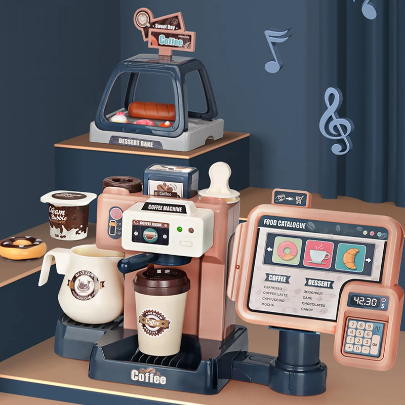 Coffee Machine Toy Set Kitchen Toys Simulation Food Bread Coffee Cake Pretend Play Shopping Cash Register Toys For Kids