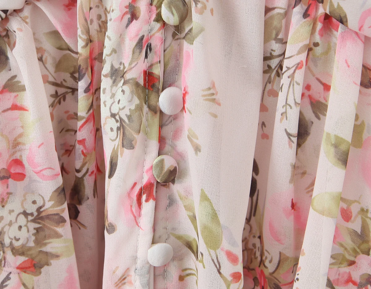 2025 Vrouwen Roze Bloemenprint Bladerdeeg Lange Mouw Chiffon Jurk Open Knoppen Houten oren Ruches Zoom Mini Shirt Jurken Vakantie Gewaad