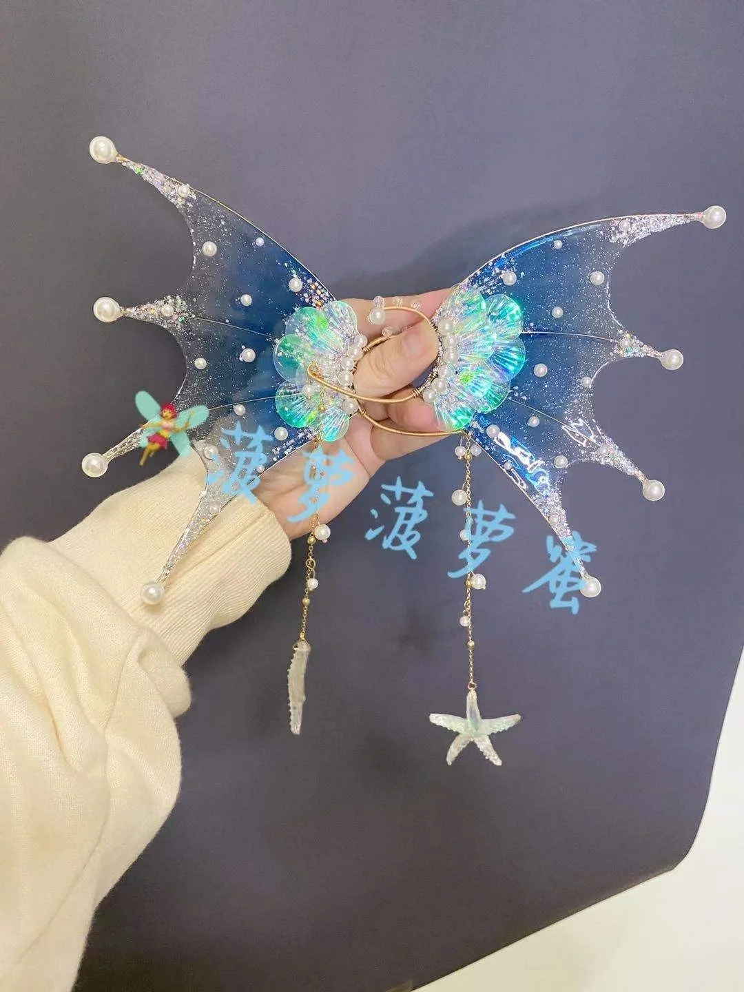 Orelhas de sereia feitas à mão koi, acessórios para cabelo pendurados, joias de fada luminosa