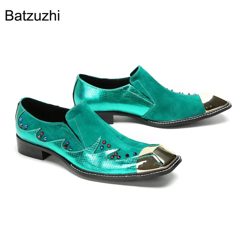 Batzuzhi Blue Personlaity Herrenschuhe Slip-on-Kleiderschuhe aus echtem Leder für Herren, Eisenkappe, modische Party- und Hochzeitsschuhe für Herren