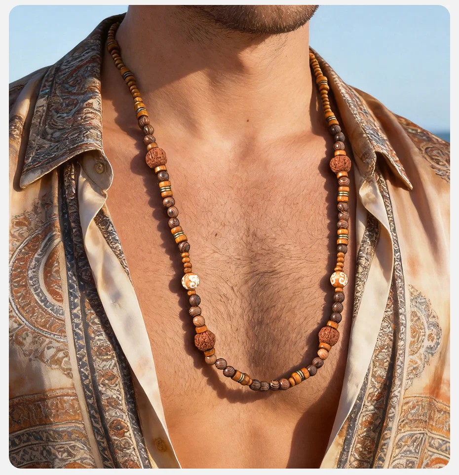 Vnox Lange Perlenkette für Männer und Frauen, Holzperlen, 68–73 cm, verstellbare Kettenkette, Bohemian-Stil, trendiger Schmuck, Geschenke, neu – Detail 3