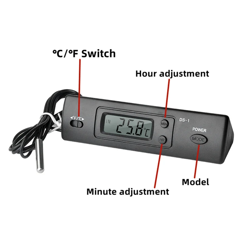-A25M DS-1 Termómetro para automóvil Pantalla LCD Reloj C/F Controlador de sensor de temperatura Termostato interior y exterior con sonda