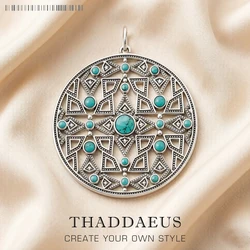 Blue Stone Round Ornament Pendant Brand New Jewelry Vintage 925 Sterling Silver Accessories Gift For Women