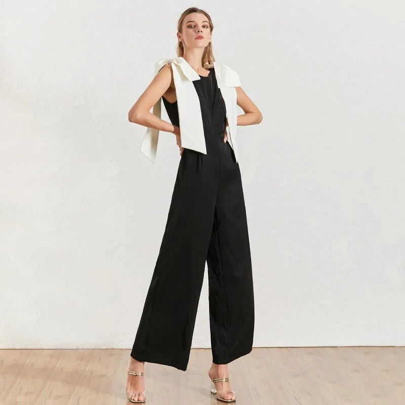 ECR Hit Color Patchwork Bowknot Casual Jumpsuits For Women Round Neck Sleeveless Minimalist Loose Wide Leg Pants Female Style