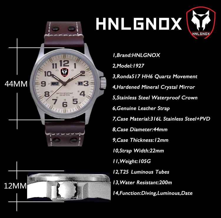 Hnlgnox Mens Pilot Watches 44mm Sport Watch Military Diver 20ATM Waterproof Quartz Wristwatch Luminous Week Date