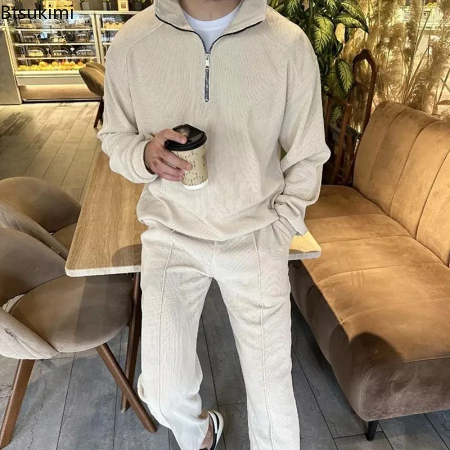 2025 Autumn/Winter Corduroy 2-piece Sets Men's Long Sleeve Stand Collar Sweatshirts Long Pants Sets Solid Casual Men Tracksuits