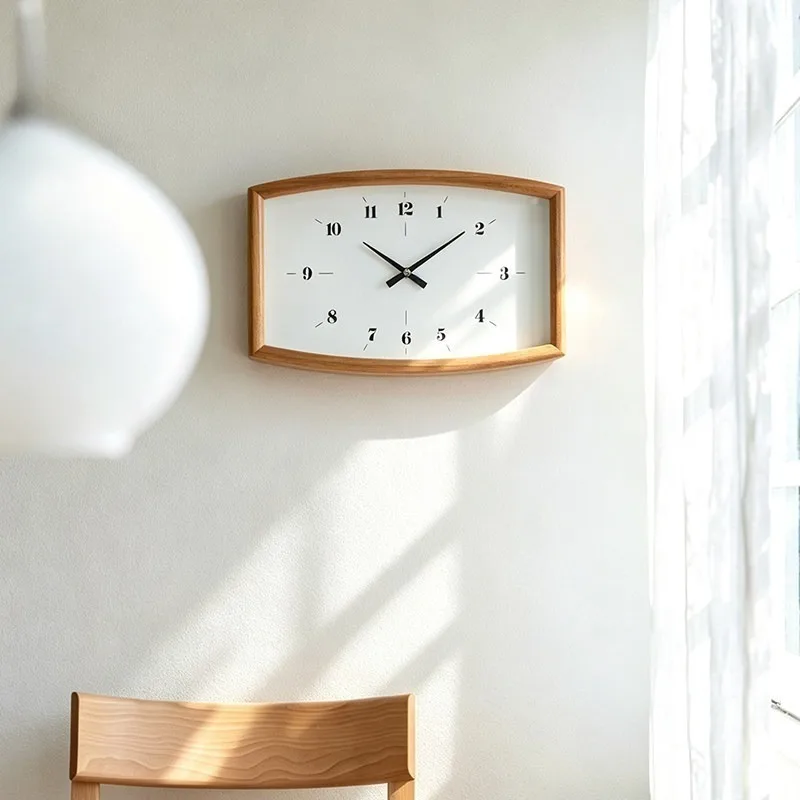 Solid Wood Wall Clock Nordic Aesthetic Creative Curved Edge Square Wall Clocks Luxury Design Silent Clock Art Room Decoration