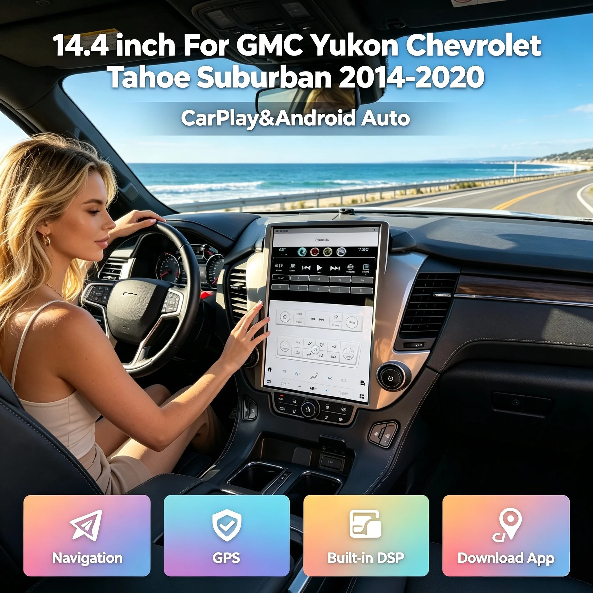Carplay 14.4 Android 13 Car GPS Navigation For GMC Yukon/Chevrolet Suburban/Tahoe 2015-2019 Tesla Screen Headunit Multimedia 4G