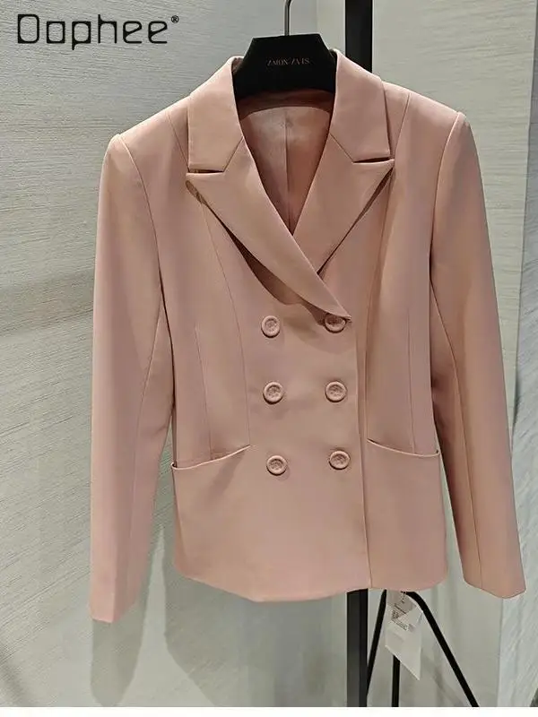 European Classic Elegant Fashion Slim Commuter Style Double-Breasted Solid Color Versatile Cross Collar Long Sleeve Blazer Coat