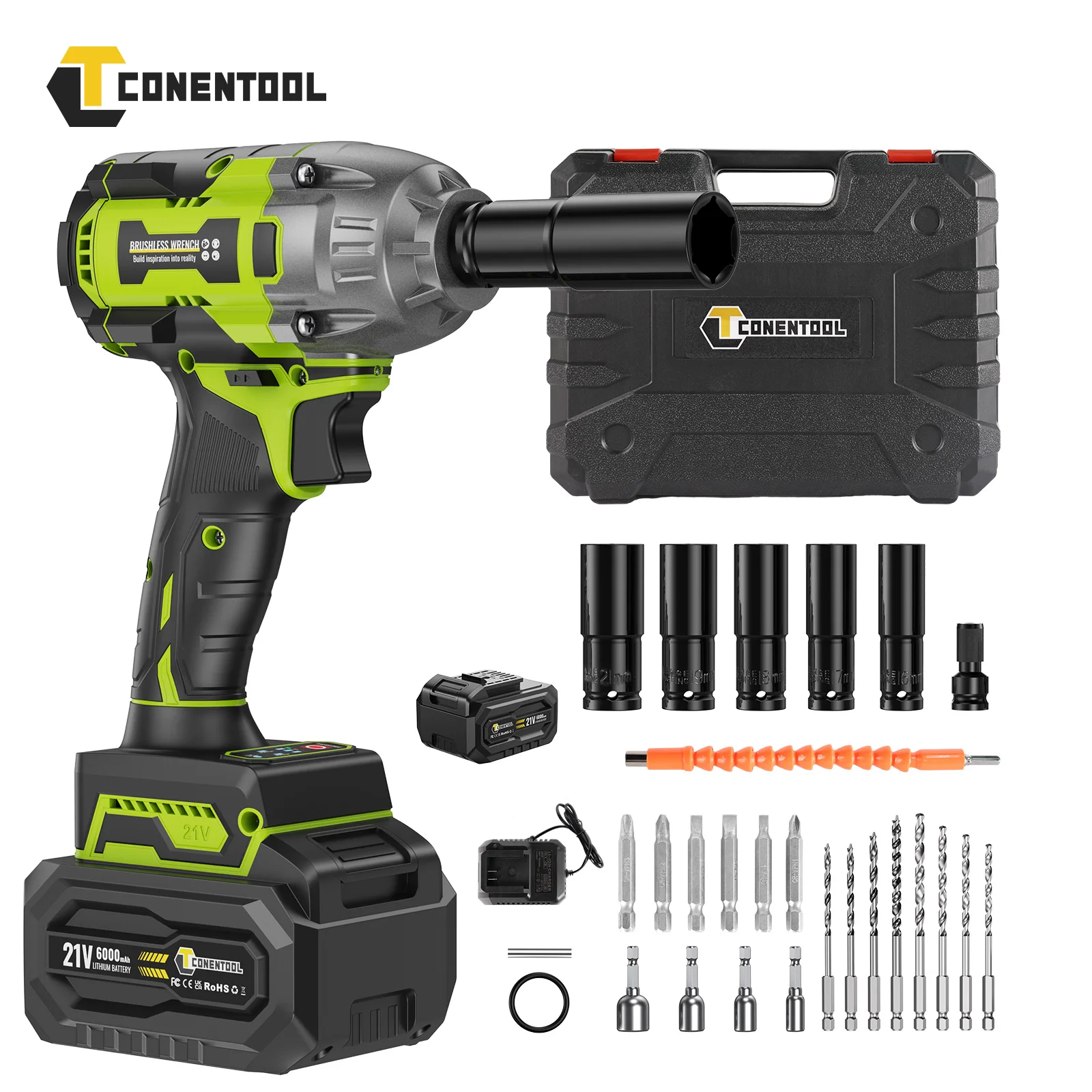 CONENTOOL 21V Cordless Impact Wrench, 1/2” Brushless Motor, 520Nm, with 6000mAh Batteries, Electric Impact Gun for Car and Home