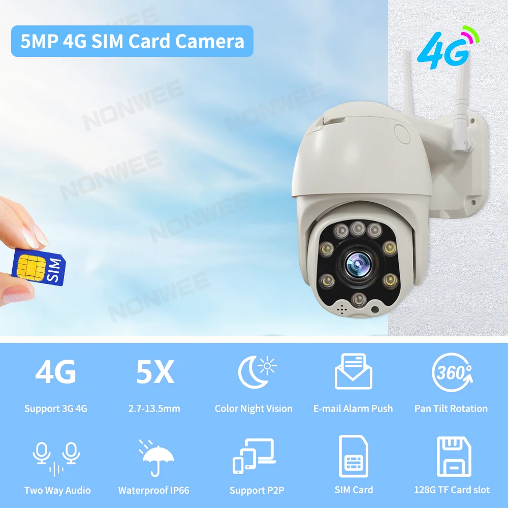 4G SIM Card Security Camera PTZ 5MP Outdoor WIFI Speed Dome Video Surveillance Cameras CCTV P2P Night Vision Auto Tracking Camhi