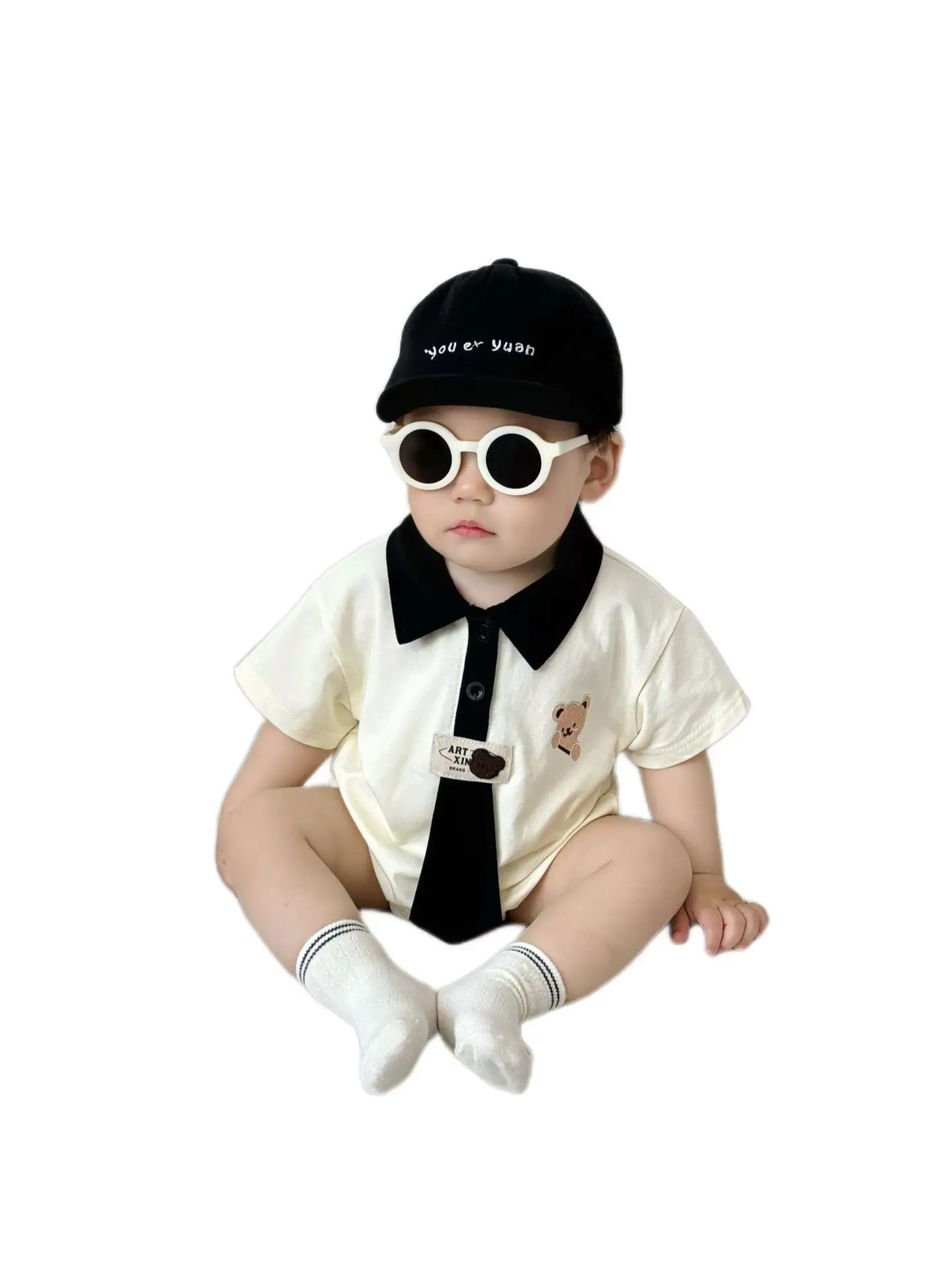 

2025 Ins Korean Baby Boy Short Sleeve Romper Bow Tie Gentleman Bodysuit Stylish Breathable Summer Outfit Trendy Baby Clothes