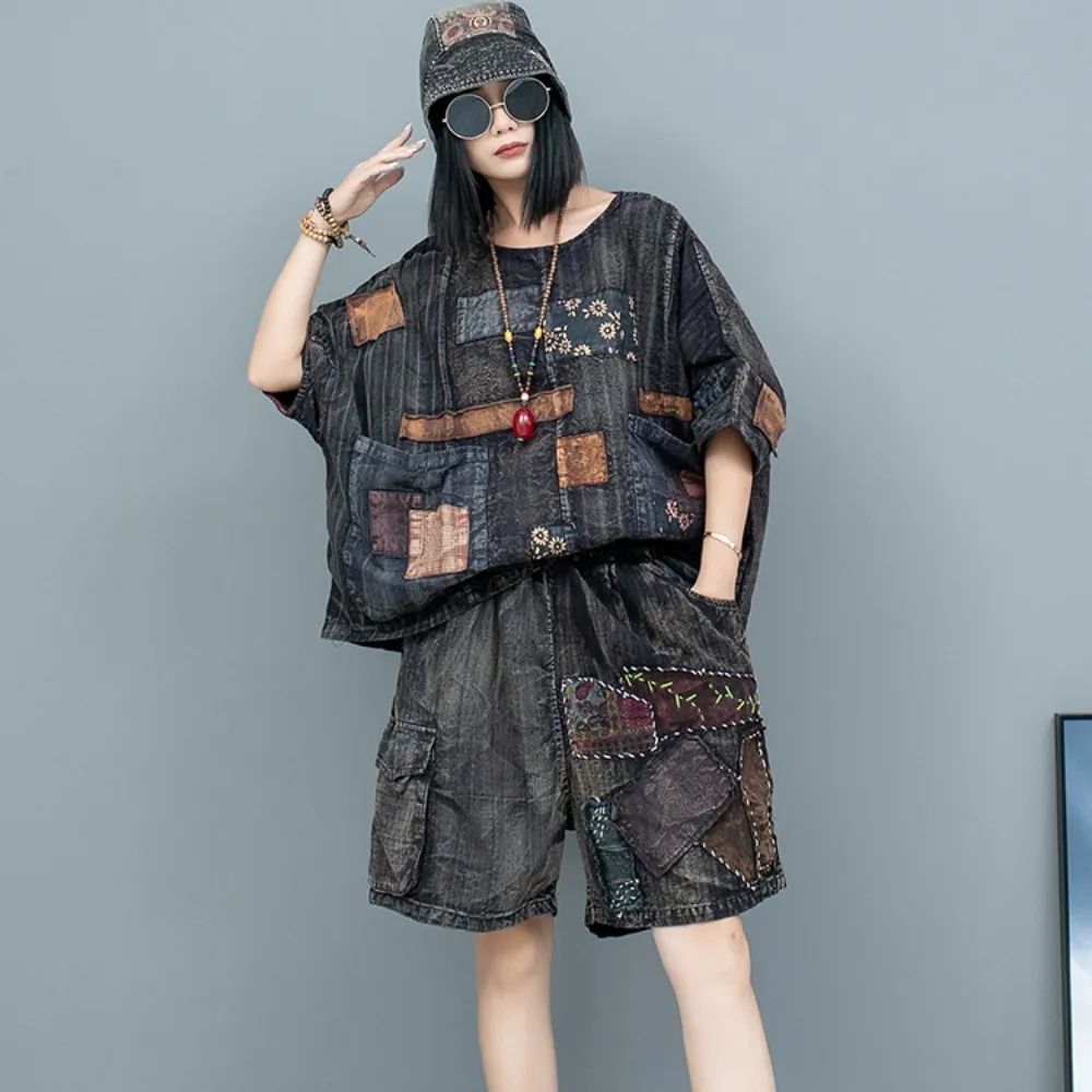 Printed Patchwork Old Fabric Short Sleeved Top + Wide Leg Shorts Two-piece Set Women 2024 Summer Fashion Short Set LX1517