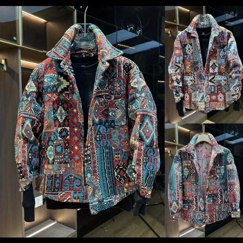 

Men's Ethnic Style Jacquard Color Woven Lapel Shirt Jacket Fashionable Loose Cotton Warm Jacket