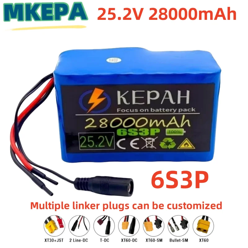 Batería de litio para bicicleta eléctrica pila de 25,2V 28.0Ah 6S3P Customizable link plug 18650, 25,2V 28000mAh 2.52V Charger