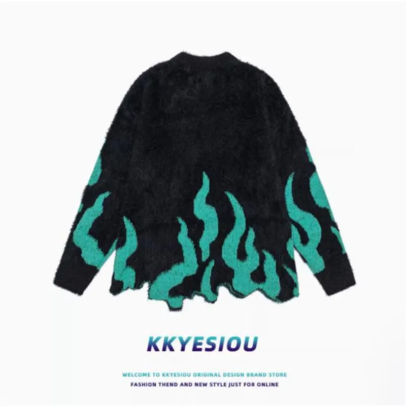 Man Women Sweater American Green Flame Letter Knit Sweater For Men And Women Oversized Hip-hop Couple Pullover