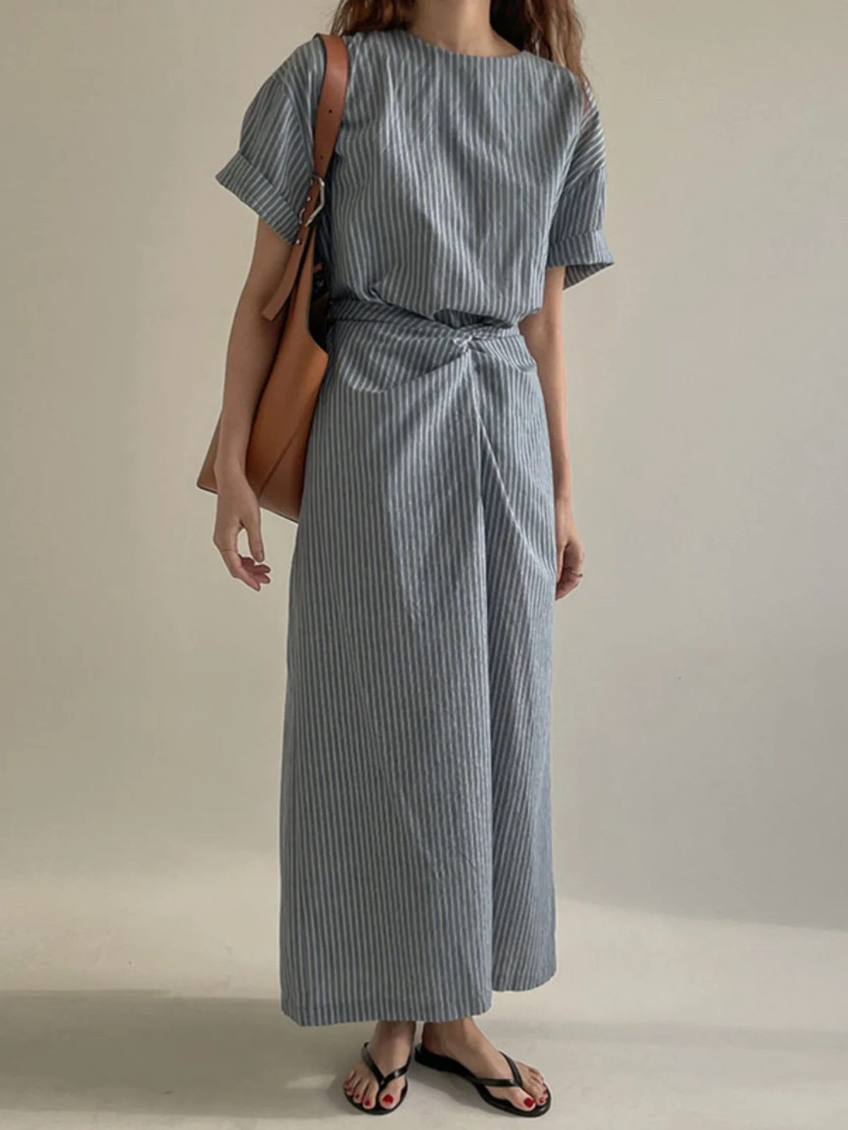 Clothland-vestido de lino y algodón a rayas para mujer, elegante vestido Midi de manga corta con fajas, cintura elástica, una pieza, QD804