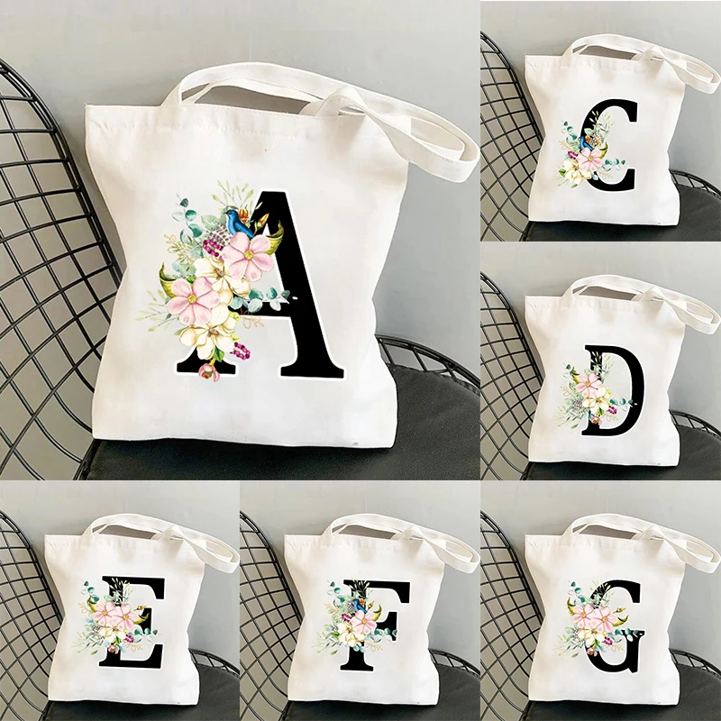 

Flower 26 Alphabet Fashion Tote Bags Casual Handbags Women Girl Ladies Purses Canvas Shopping Bags Shoulder Bags