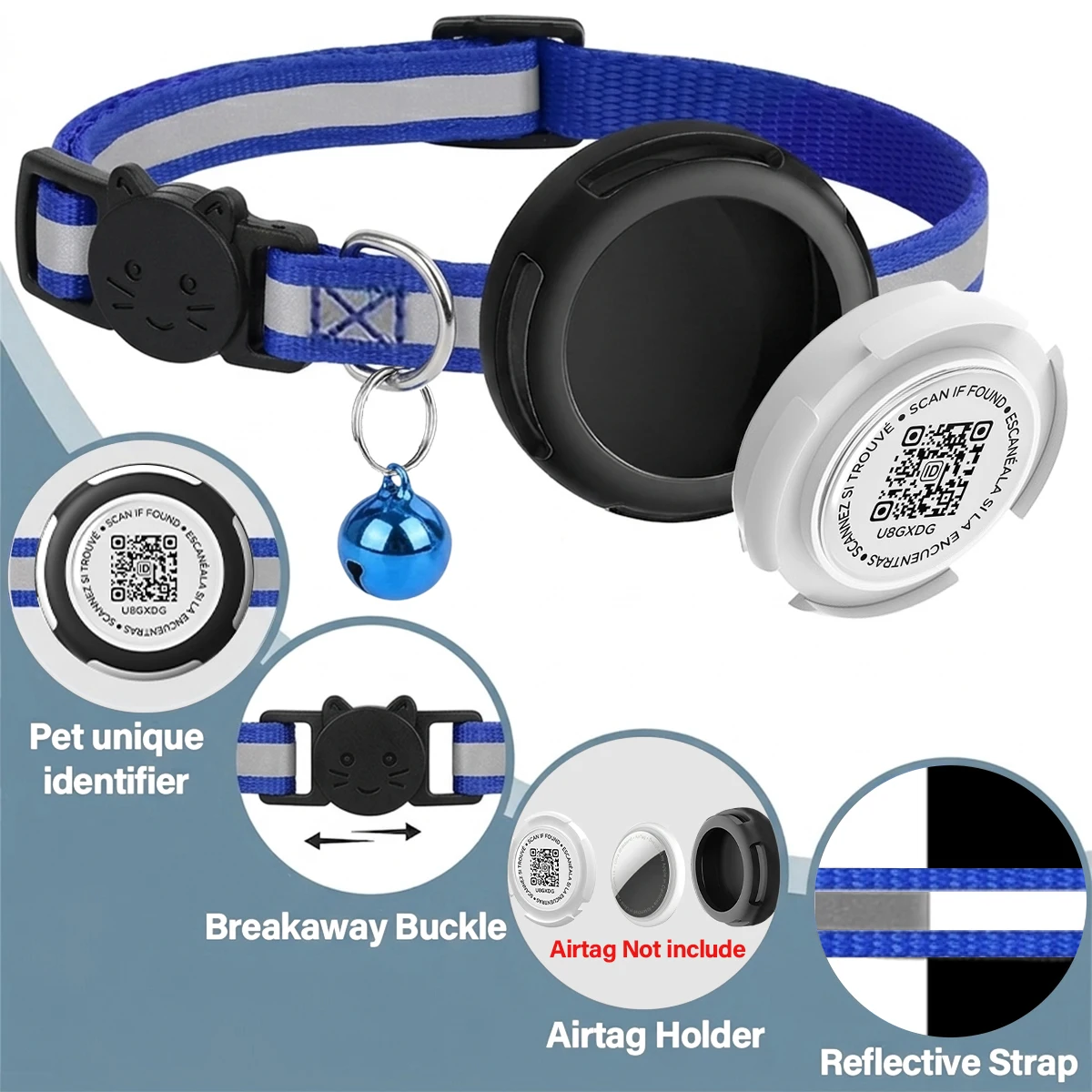 AirTag Cat Collar with Air tag Holder & Pet Name QR Code Dual Protection Reflective Pet Collar for Kitten Puppy (No Airtag) view 2