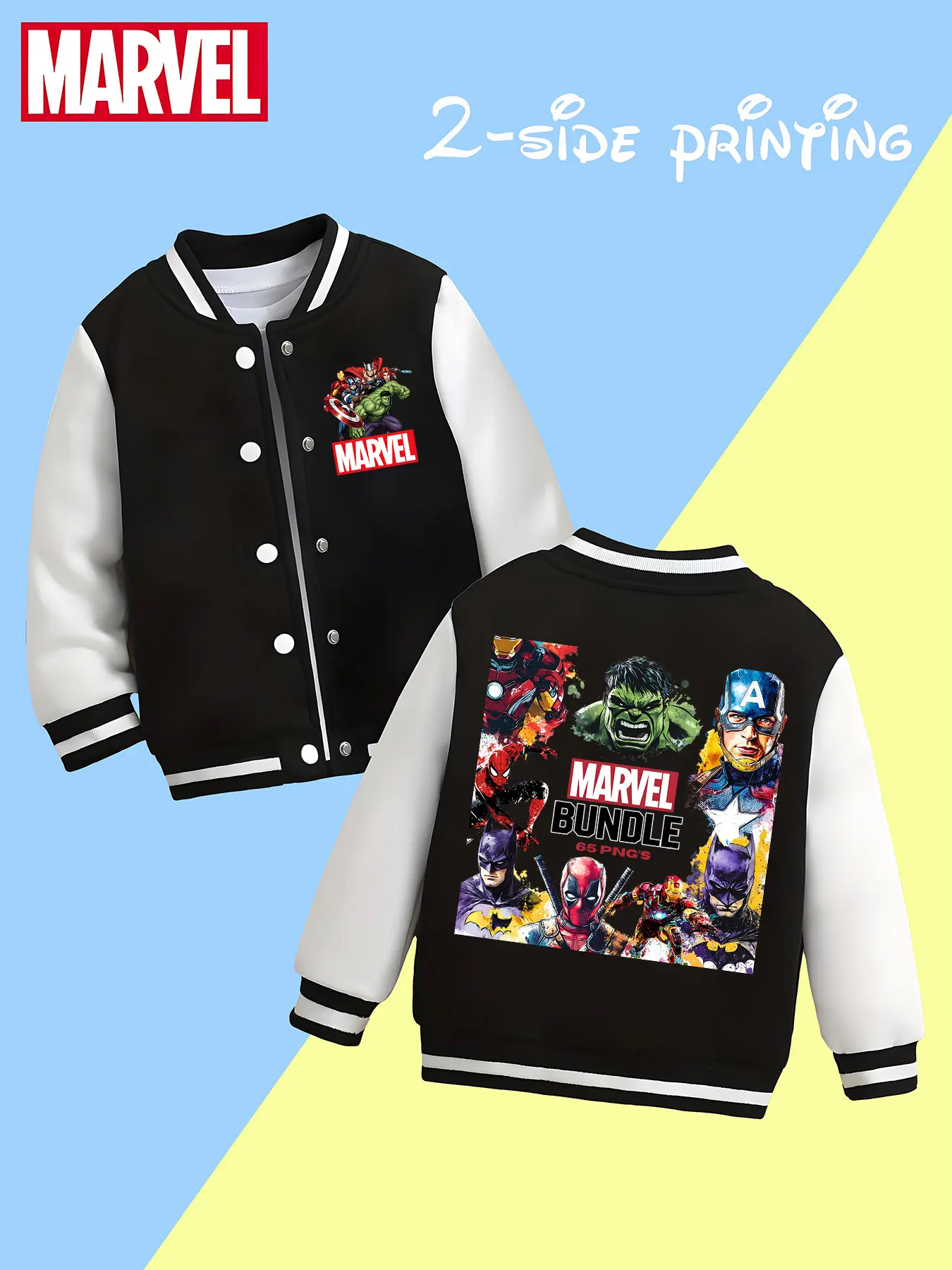 

MINISO Marvel Avengers Heroes Collection Boys' Baseball Jacket - Avengers heroes domineering prints, double-sided presentation o