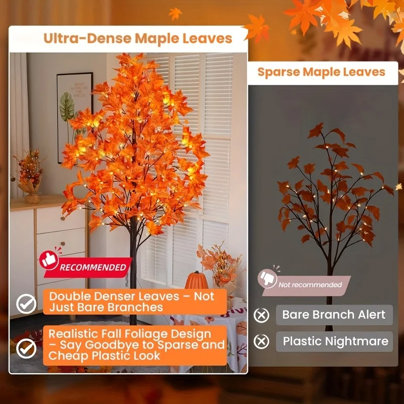 

1/2Pack, 6FT 96LED/ 7FT 160LED Artificial Lighted Maple Tree 200 Leaves Warm White Fall Decorations Indoor Halloween