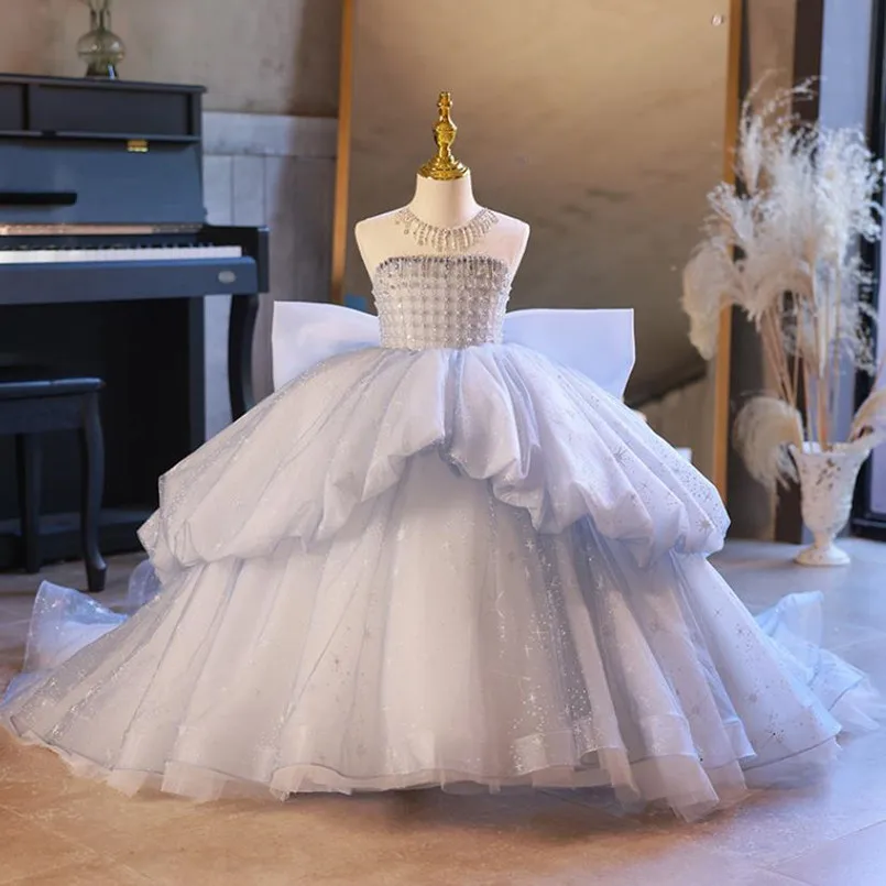 High-End Girls Princess Dress Pearl Sequin Trail Evening Gown Children Formal Catwalk Host Piano Performance Vestidos A2786