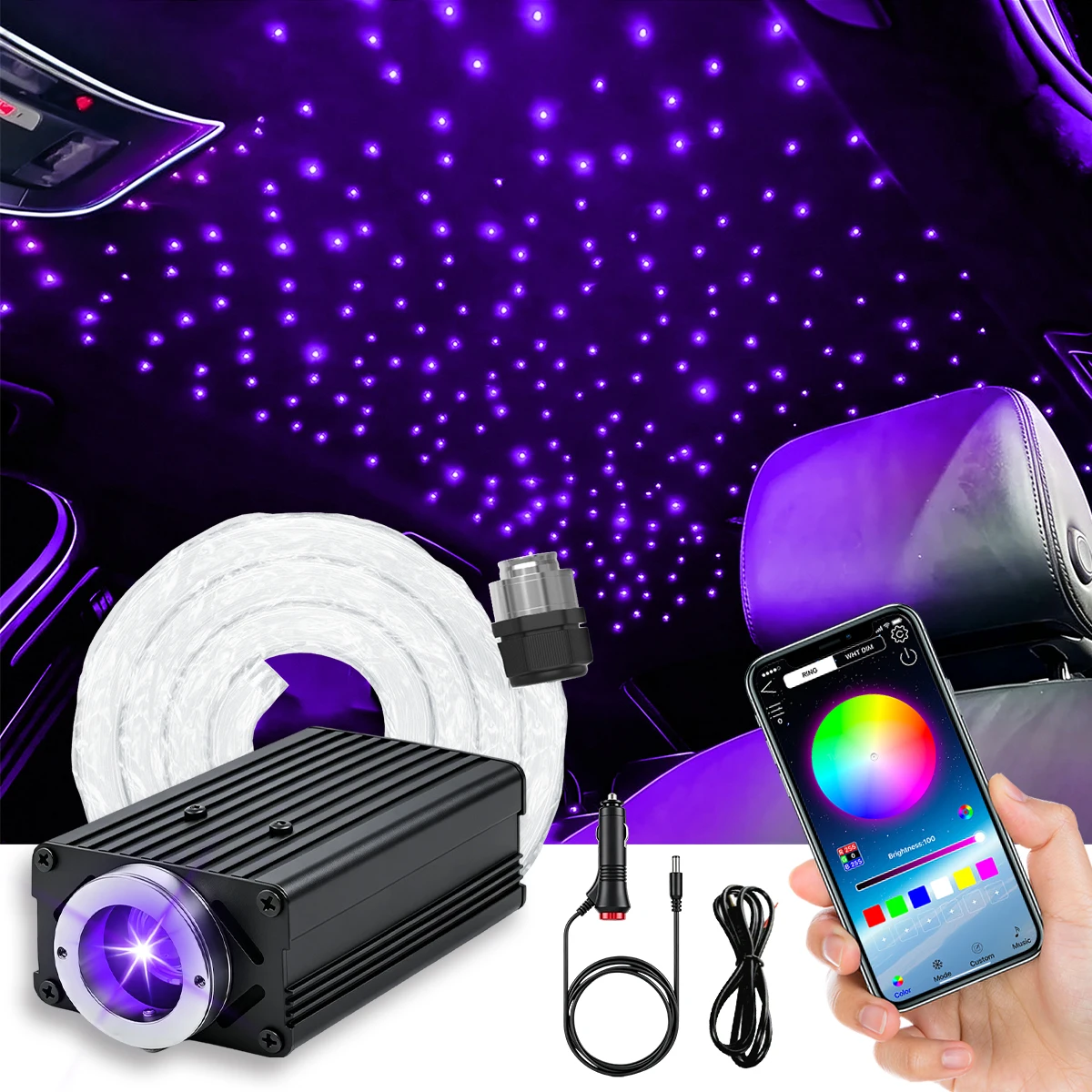 DC12V Car LED Starlight Fiber Light Strip, RGBW Dreamcolor Star Ceiling Light, 0.02in/0.03in Fiber Optic Strands 500‑1000pcs, Bluetooth APP & Remote Control, Music Sync Mode, Auto Roof Decor Atmosphere Lamp for Vehicle Interior