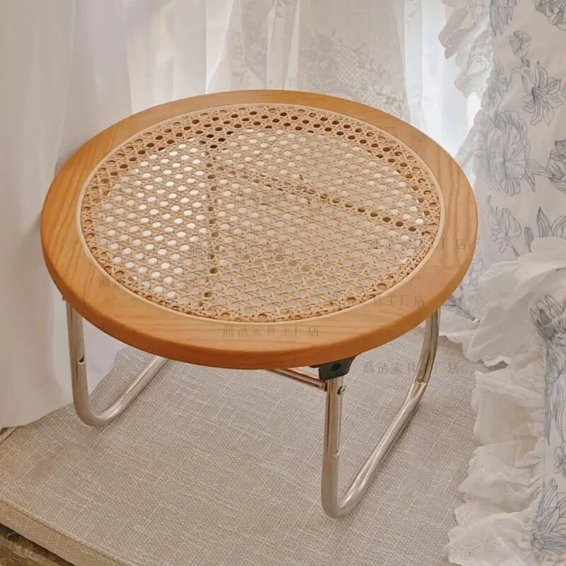 

Exquisite Rattan Woven Sweet Table Solid Wood Tatami Tea Table Stainless Steel Frame Ideal Bedroom Bay Window Round Learning