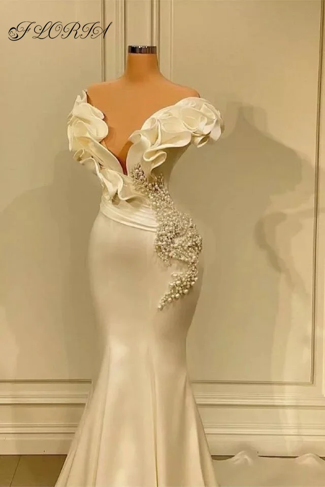 Elegante vestido de noche de sirena con perlas, marfil, con volantes, cuello en V, satén, Formal, para fiesta de celebridades, Dubai, árabe, 2022