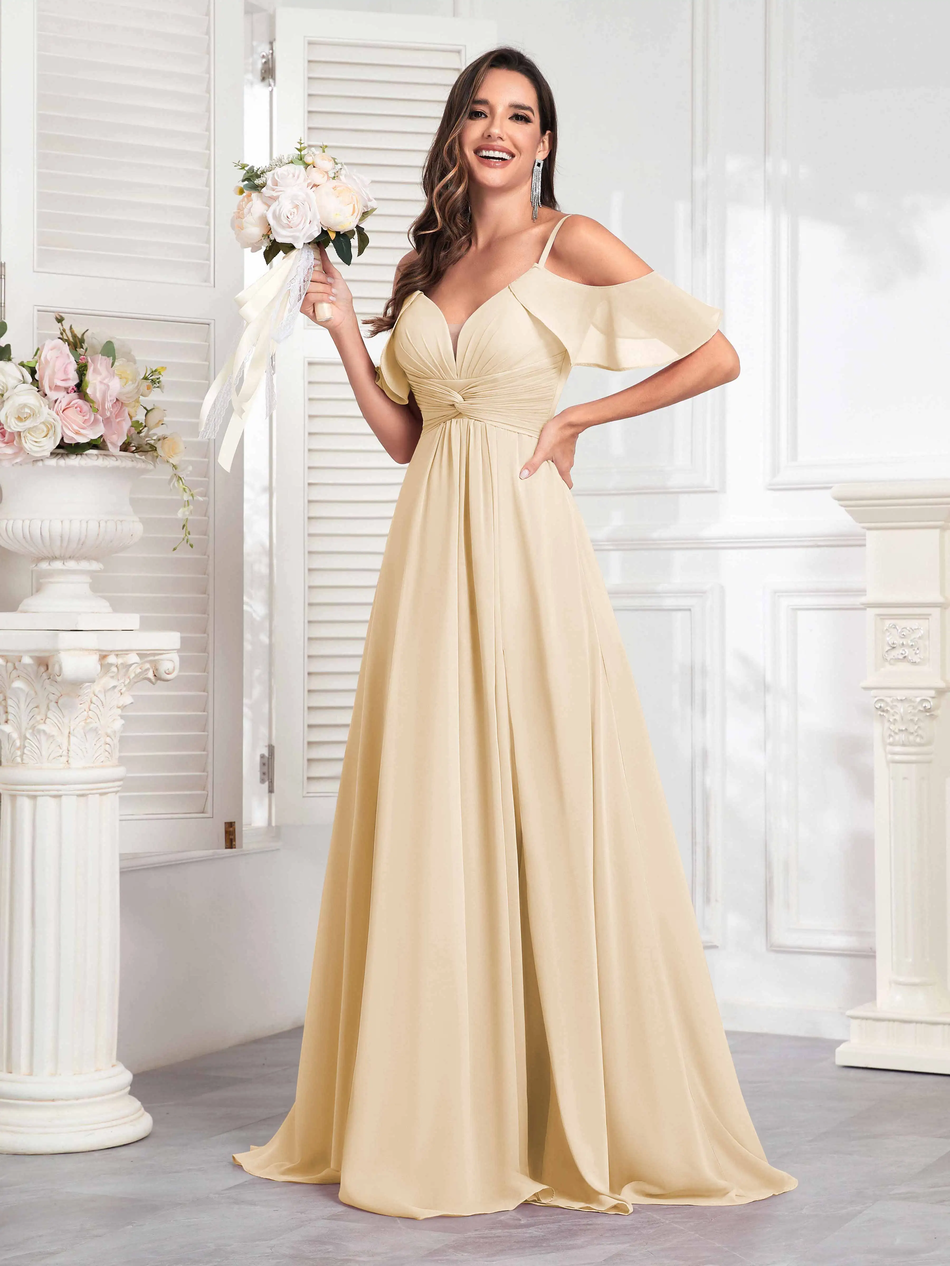 

Off the Shoulder V-neck Chiffon Bridesmaid Dresses With Split Side Pleated Corset Sleeveless Prom Gown A-line Long Evening Gowns