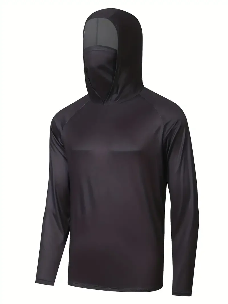 Plain Black 3D Print Men Fishing Hooded Shirt Built‑in Face Gaiter Long‑Sleeve Sun Protection Outdoor Sportswear