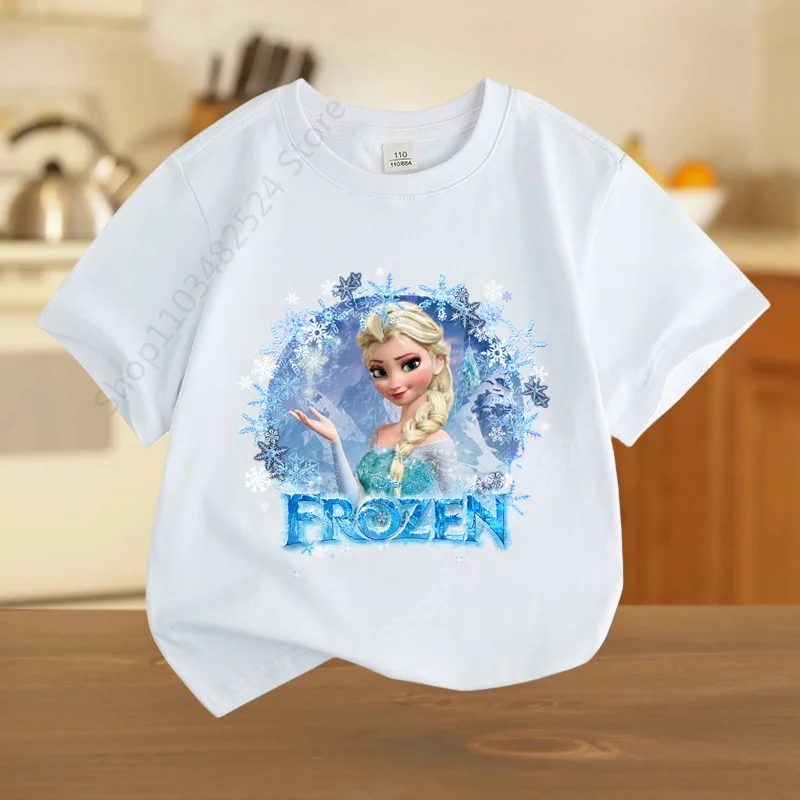 Disney Summer Cotton Playful Frozen Girl T-shirt Princess Elsa Creative Print Street Y2K Casual cotton top Outdoor sports top