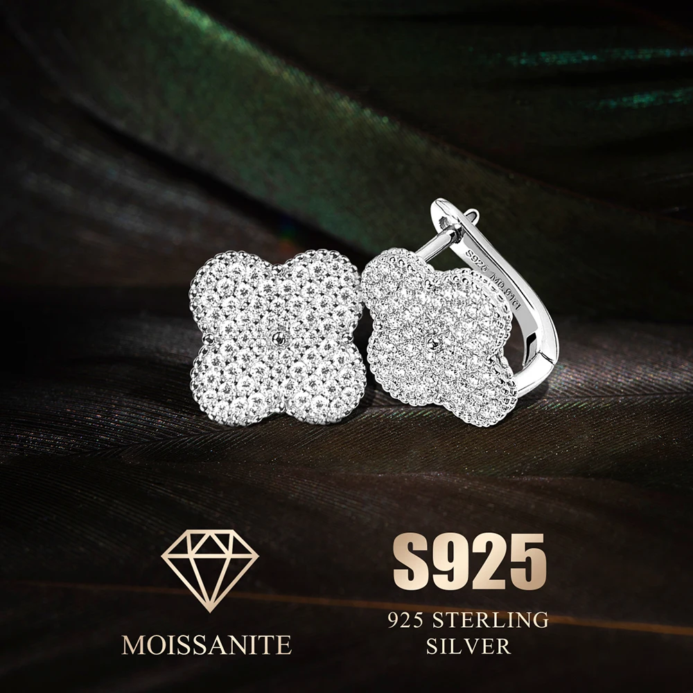 

Full Moissanite Earrings Flower Earring Four-leaf Clover Clip Earring for Women 925 Sterling Silver Earring with Gra Certificate